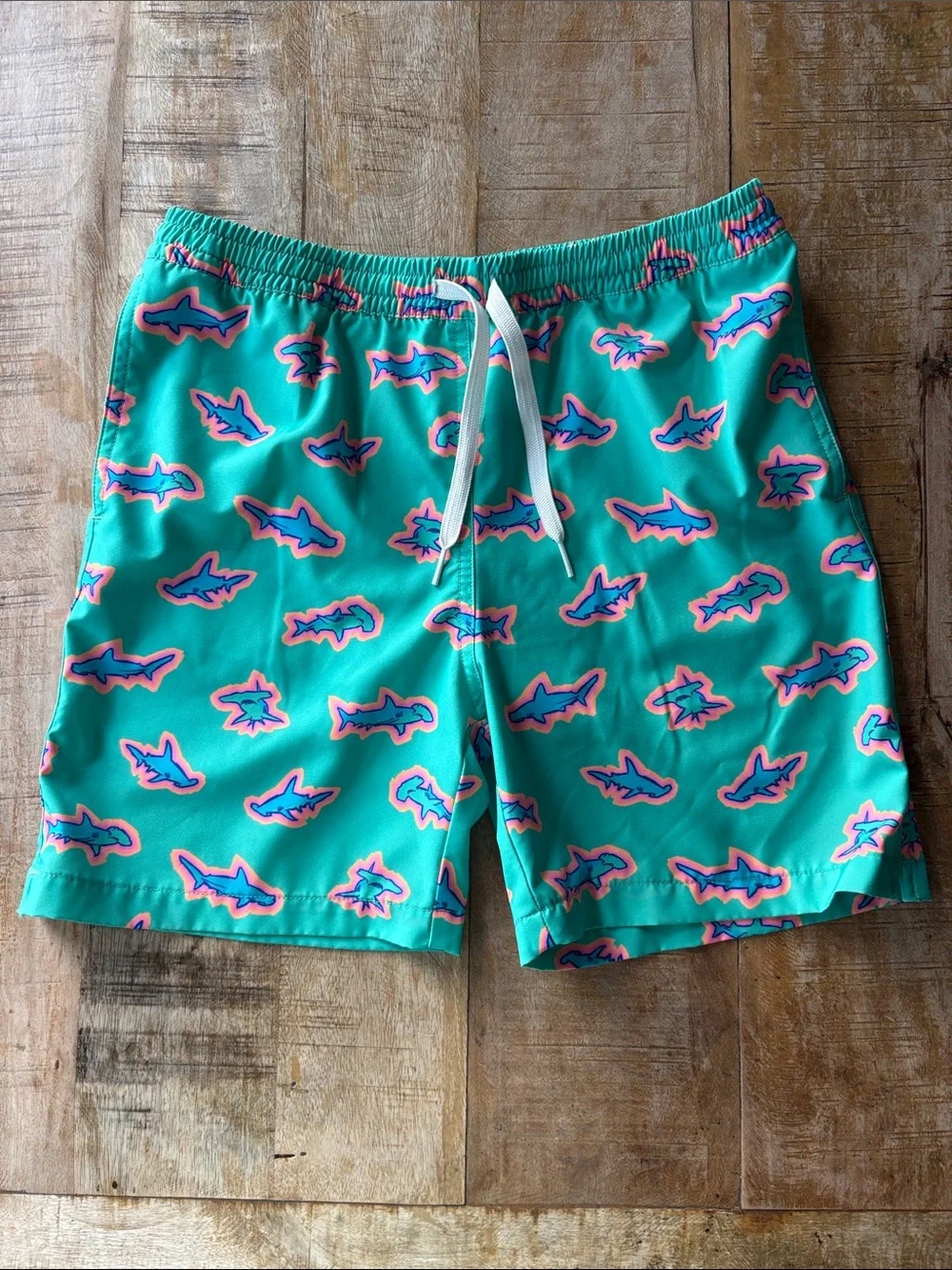 Chubbies Boys Teal Shark Print Swim Trunks L(14/16)